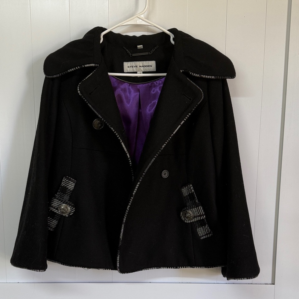 Steve Madden Black Pea Coat with Purple Lining Plaid Pockets